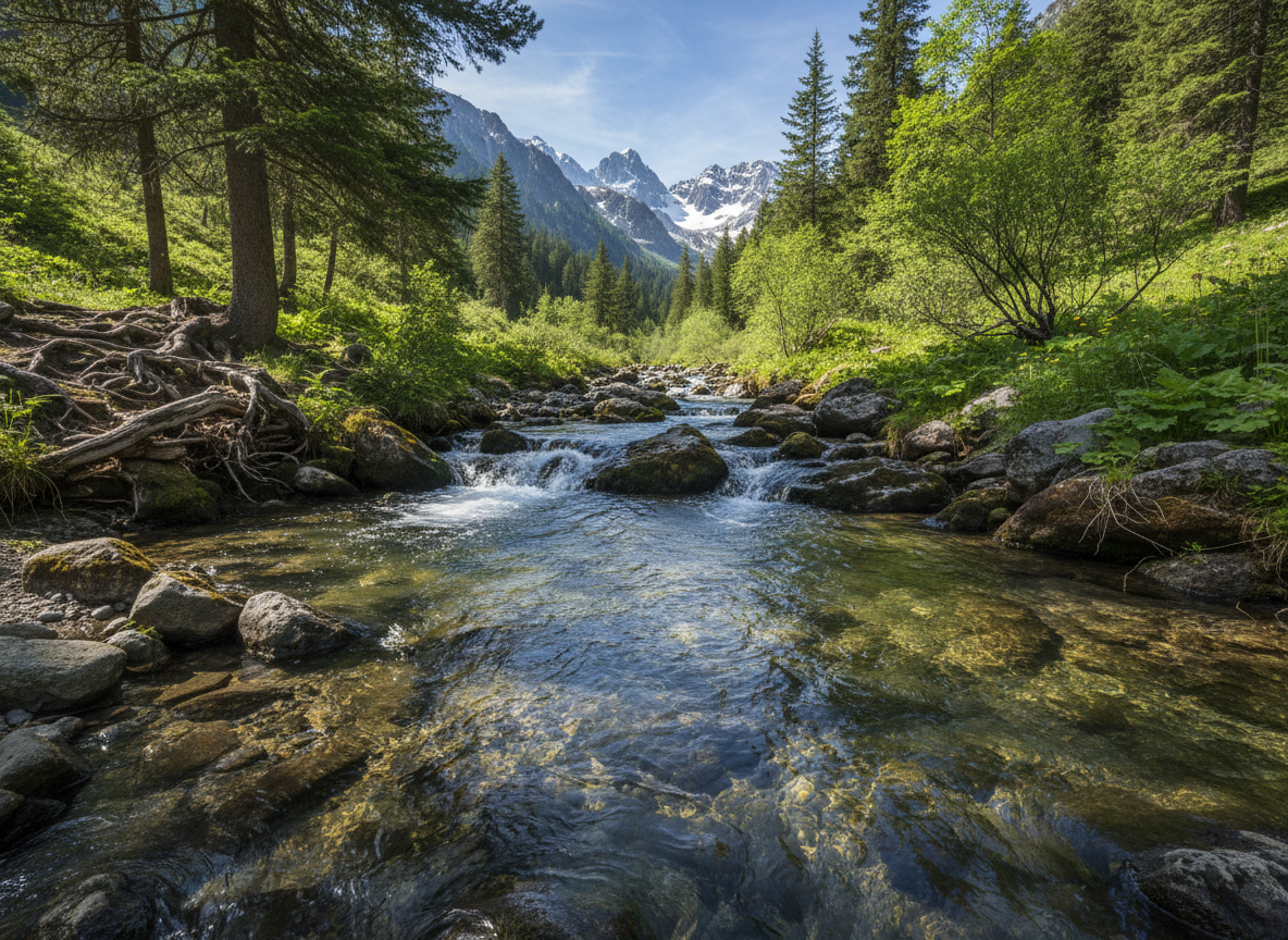 Crystal clear mountain spring water stream