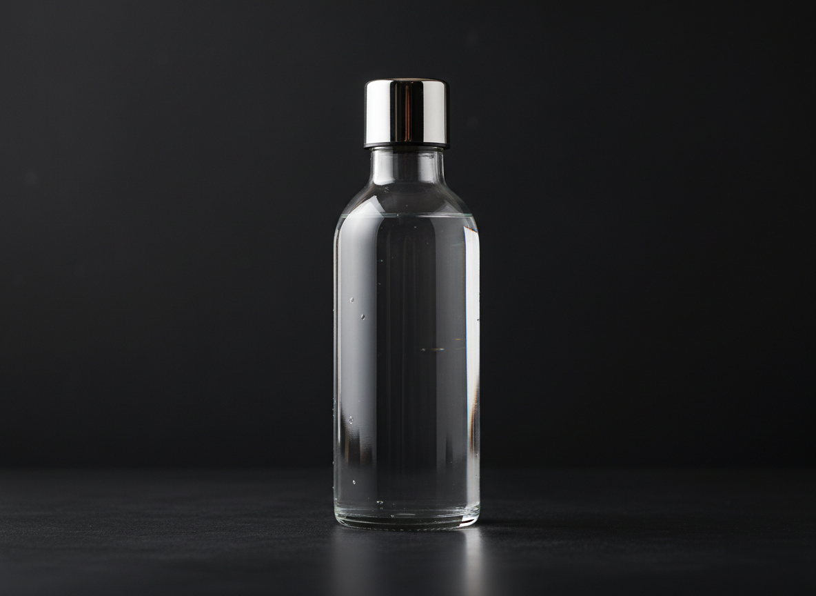 Elegant glass water bottle on dark background