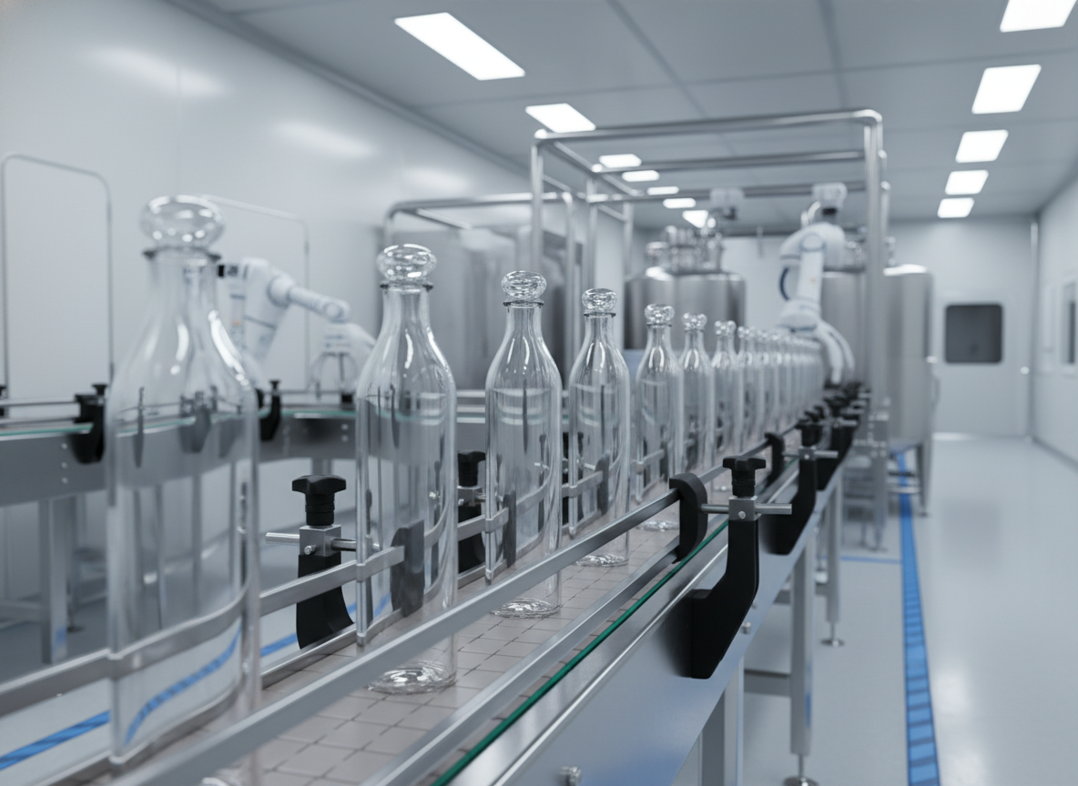 Elegant glass water bottles on a sterile modern production line