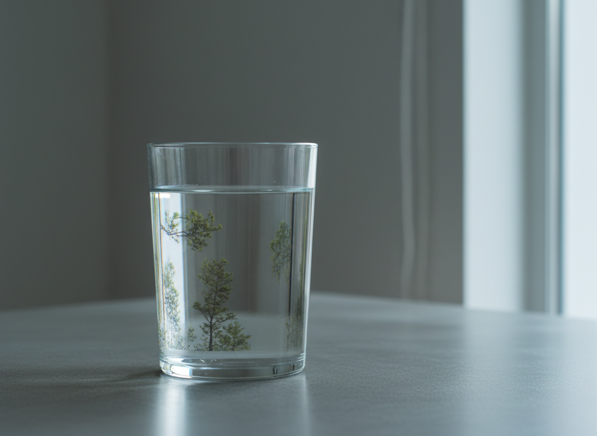 Minimalist aesthetic showing a water glass and nature reflection